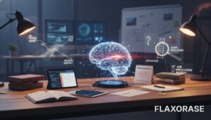 Estudante de tecnologia organizando plano de estudos de análise de dados com gráficos e mapas mentais na tela do computador