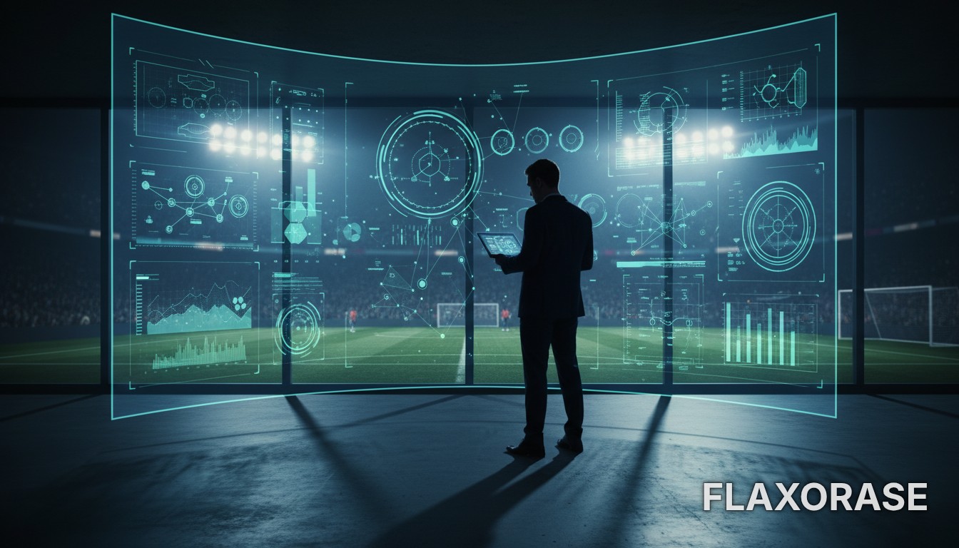 Analista de desempenho examinando gráficos de métricas e mapas de calor de jogadores em monitores digitais de um clube de futebol