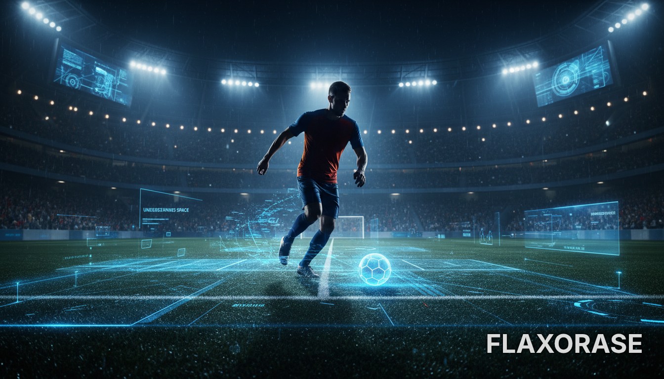 Analista de desempenho observando mapa de calor tático em um tablet digital durante uma partida de futebol profissional.