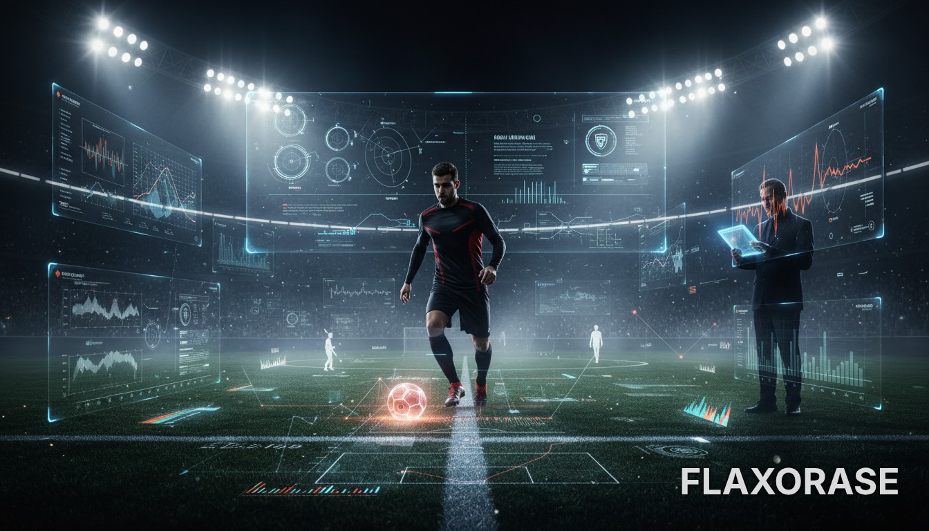 Analista de desempenho visualizando gráficos de estatísticas e mapas de calor em um tablet à beira do campo de futebol durante um treinamento.