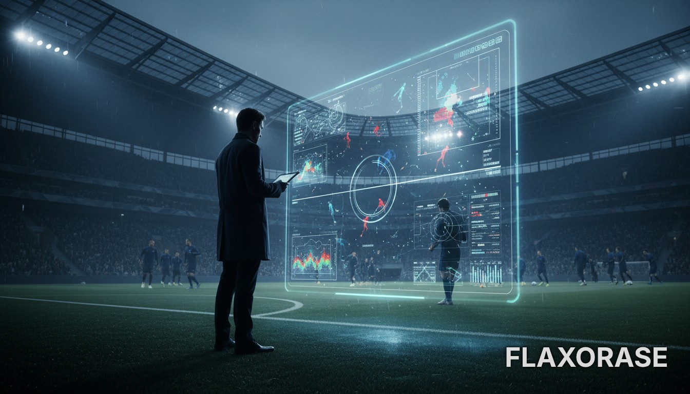 Analista de desempenho esportivo visualizando gráficos estatísticos e mapas de calor em um tablet à beira de um campo de futebol