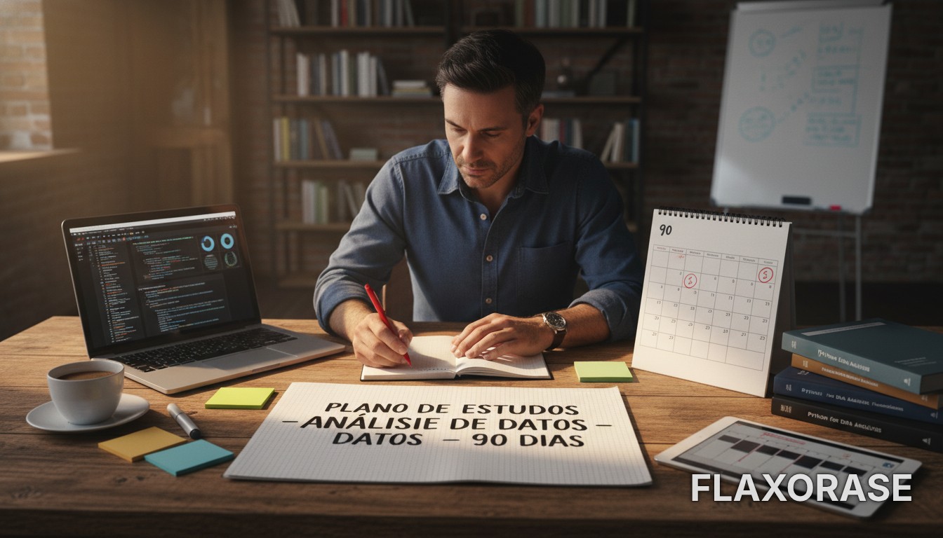 Estudante de tecnologia organizando um cronograma de 90 dias para aprender análise de dados em um notebook cercado por anotações e gráficos
