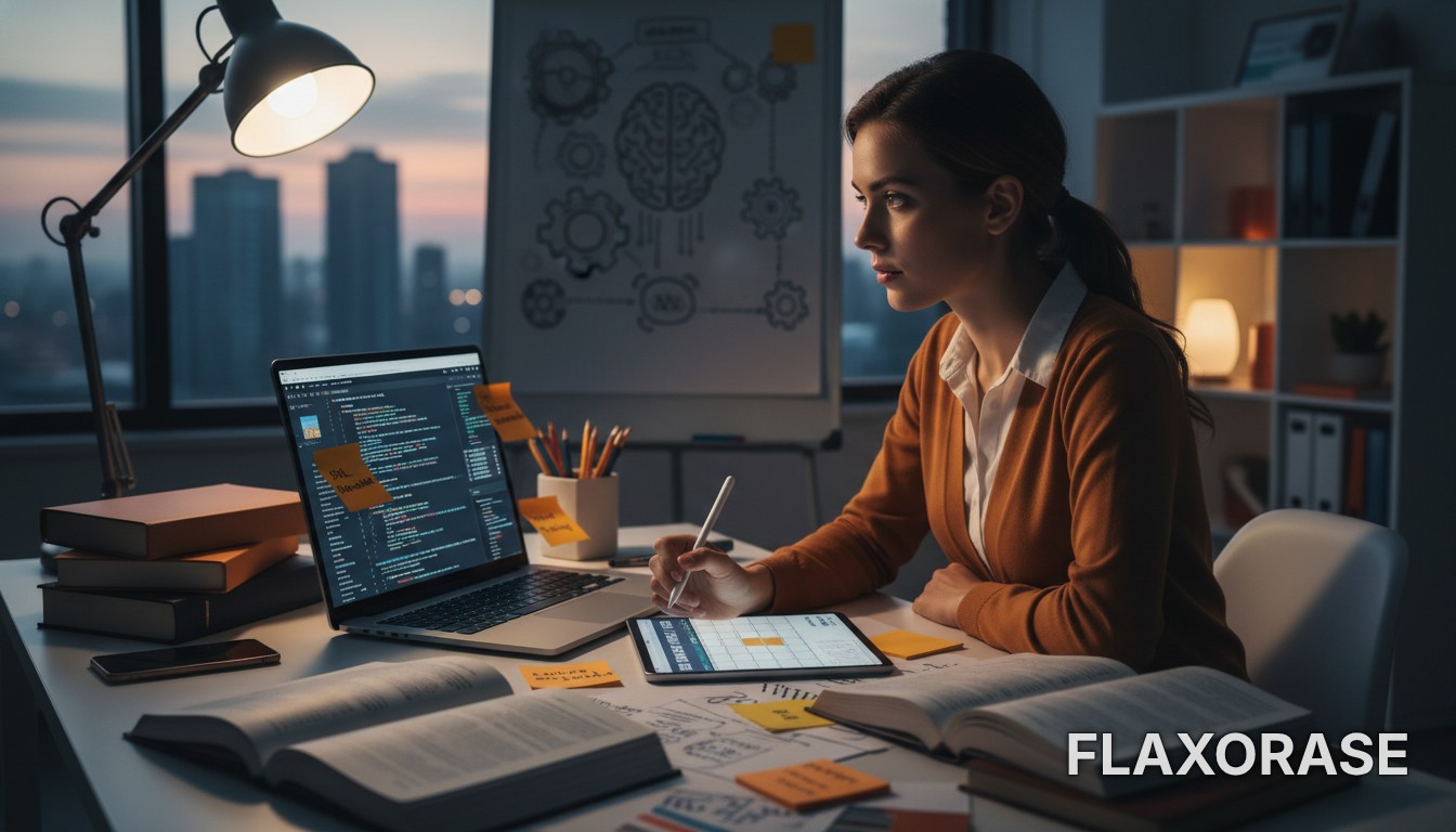 Estudante de análise de dados organizando cronograma de estudos no computador em ambiente de home office focado no aprendizado básico.