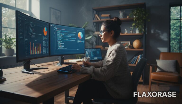 Analista de dados analisando gráficos complexos em um monitor widescreen em seu home office organizado