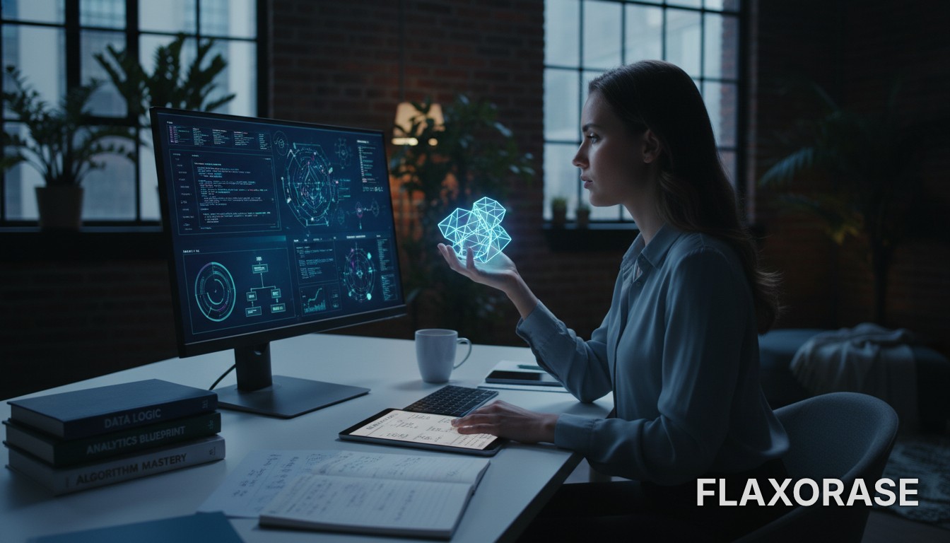 Estudante de tecnologia organizando plano de estudos para análise de dados em um ambiente de trabalho produtivo com monitor exibindo códigos e gráficos.