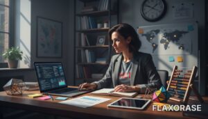 Estudante de tecnologia analisando gráficos complexos em um notebook enquanto organiza um cronograma de estudos para análise de dados em sua mesa de trabalho.