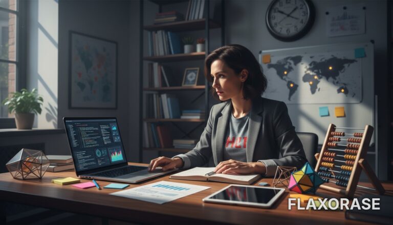 Estudante de tecnologia analisando gráficos complexos em um notebook enquanto organiza um cronograma de estudos para análise de dados em sua mesa de trabalho.