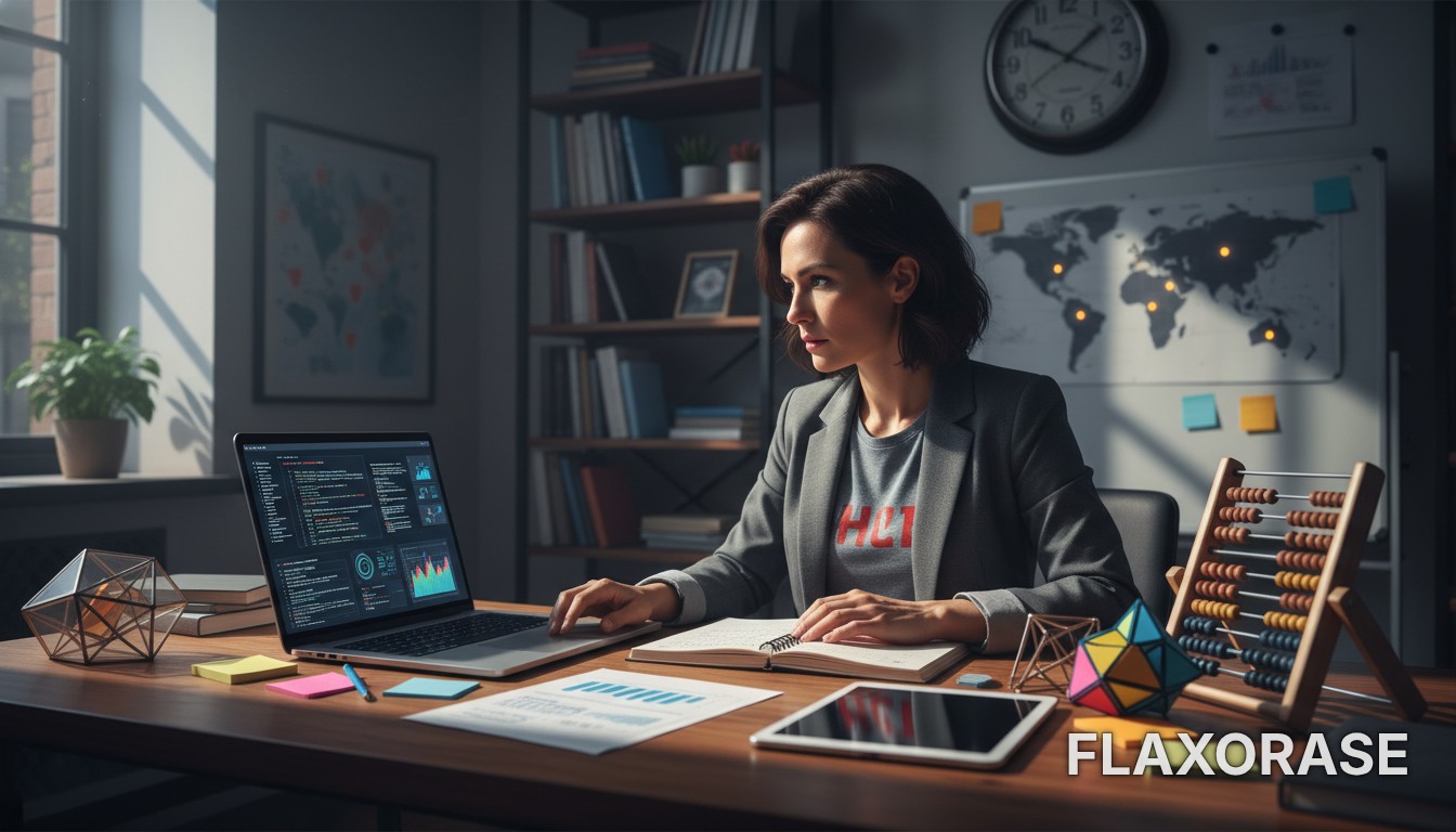 Estudante de tecnologia analisando gráficos complexos em um notebook enquanto organiza um cronograma de estudos para análise de dados em sua mesa de trabalho.