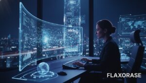 Analista de Dados analisando gráficos complexos e métricas em uma tela de notebook em um escritório.