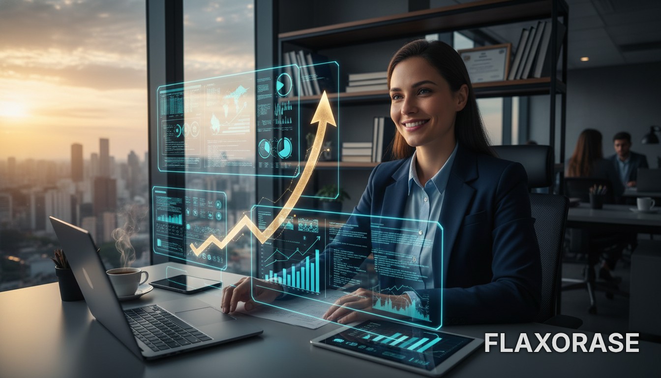 Analista de dados sentado em um escritório moderno analisando dashboards complexos de BI no computador.
