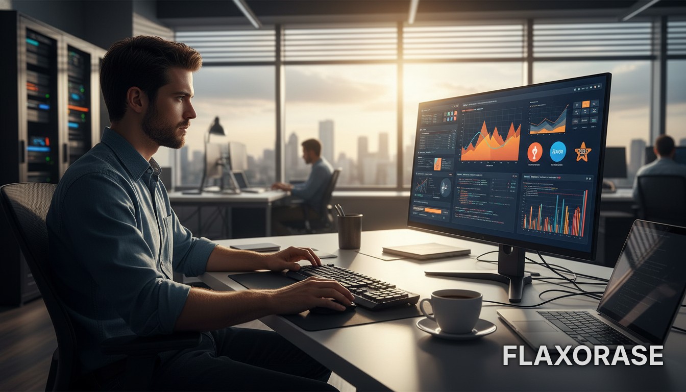 Analista de Dados brasileiro trabalhando com visualização de dashboards e códigos SQL em múltiplos monitores em um escritório corporativo.