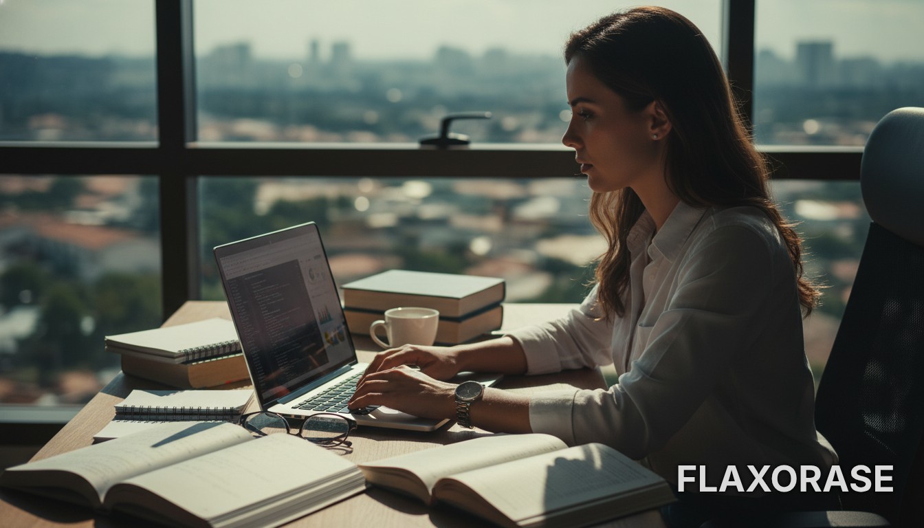 Analista de dados analisando dashboards e gráficos complexos em uma tela de computador em ambiente profissional