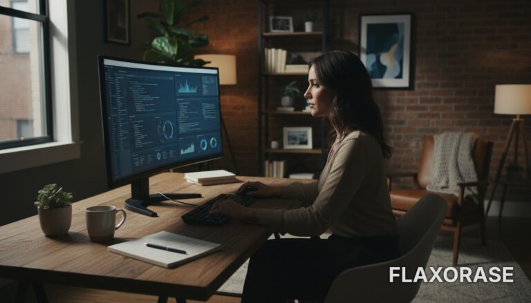 Analista de dados trabalhando em um notebook com dashboards e gráficos coloridos em um escritório doméstico organizado e iluminado.