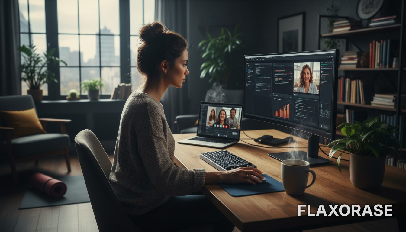 Analista de dados trabalhando em home office com foco em dashboards e gráficos complexos em múltiplos monitores.