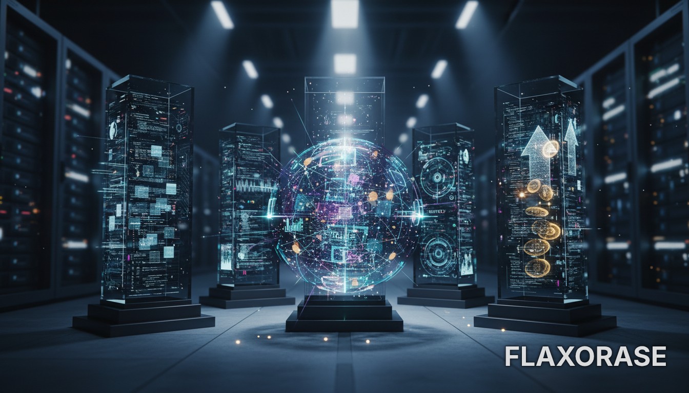 Infográfico digital ilustrando os cinco pilares do Big Data com fluxos de informações em uma interface de alta tecnologia