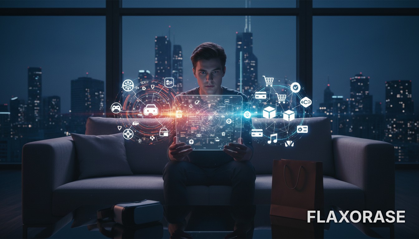 Pessoa utilizando smartphone para compras online com interface digital de análise de Big Data sobreposta.