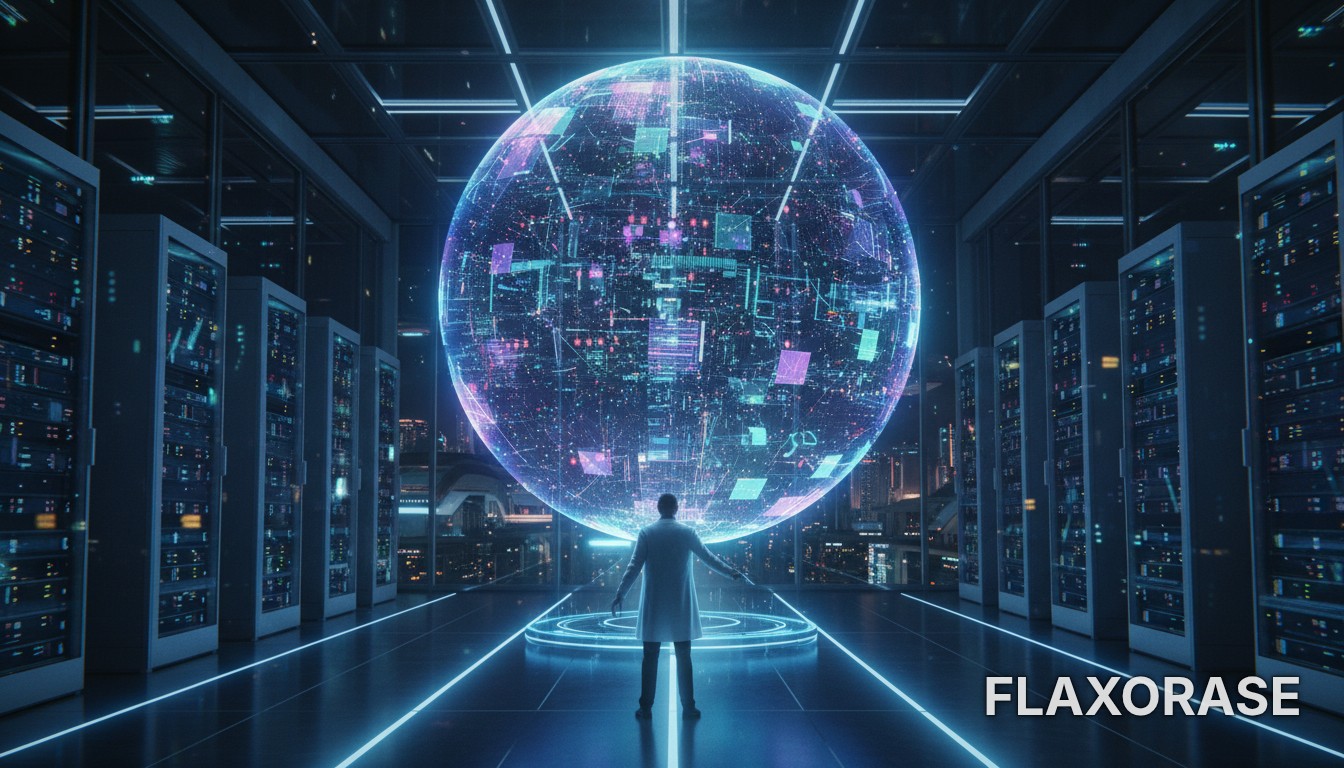 Analista de sistemas operando interface holográfica com fluxos de dados complexos e gráficos em ambiente de tecnologia avançada