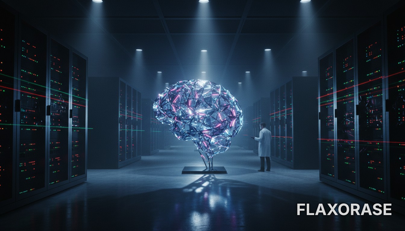 Servidores de alta performance processando fluxos de dados digitais em um centro de processamento moderno.