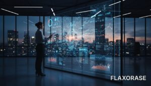 Profissional de tecnologia analisando gráficos de Business Intelligence em um dashboard digital em ambiente corporativo.