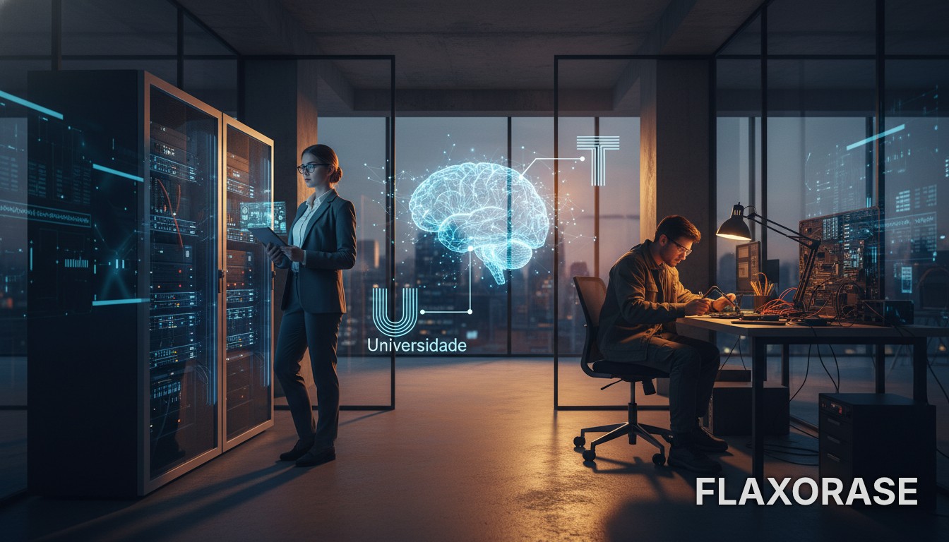 Estudante de tecnologia analisando gráficos de dados em um notebook enquanto decide entre cursar uma faculdade ou um ensino técnico.