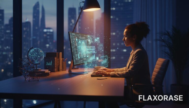 Analista de dados trabalhando remotamente em um computador com gráficos complexos e linhas de código para representar a carreira no mercado de tecnologia brasileiro.