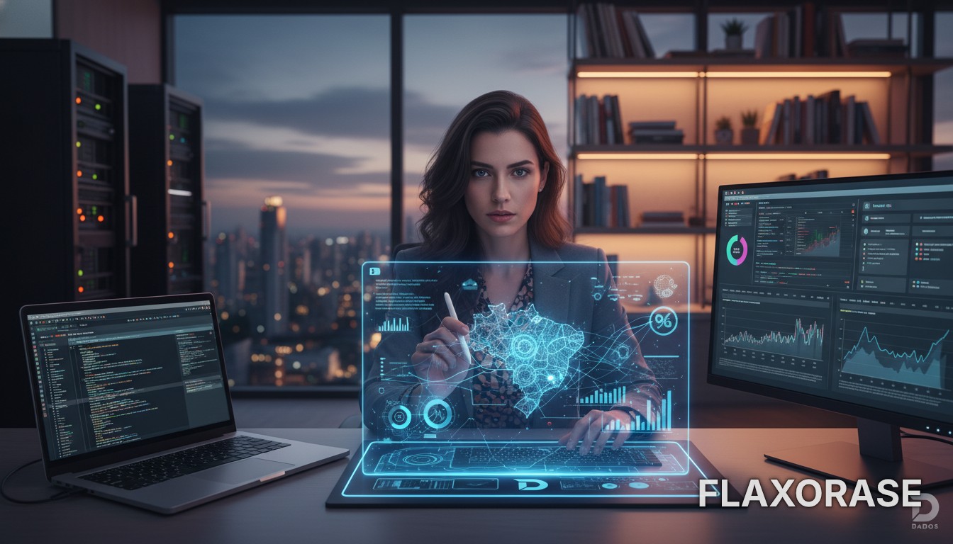 Profissional de tecnologia analisando gráficos de desempenho em dashboards digitais em um ambiente de escritório moderno representando a rotina de um analista de dados.