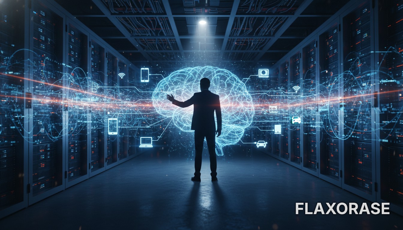 Profissionais de TI monitorando painéis digitais de fluxo de dados em um ambiente corporativo moderno