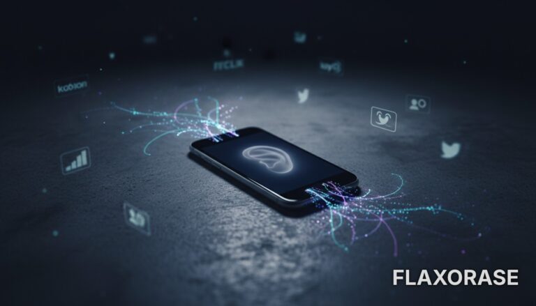 Smartphone posicionado sobre uma mesa com ícone de microfone brilhando na tela em ambiente com pouca luz.