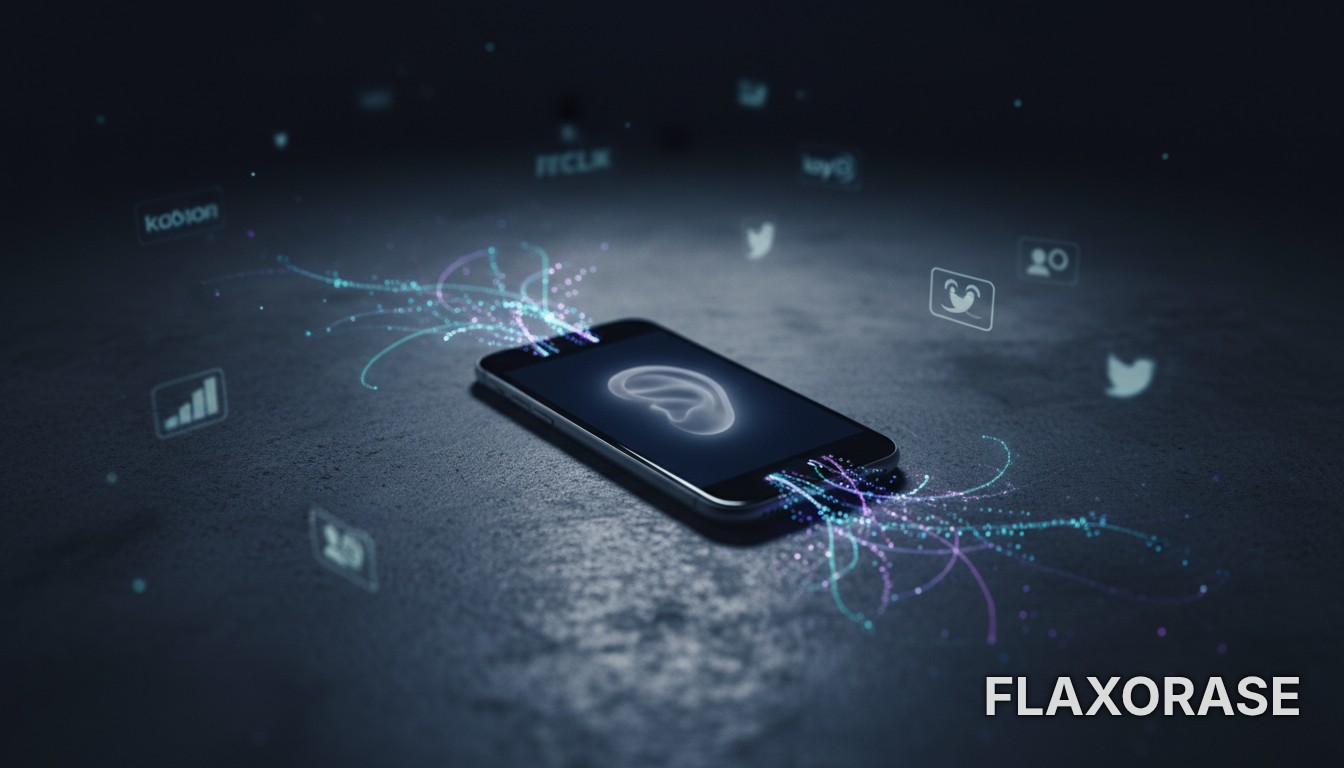 Smartphone posicionado sobre uma mesa com ícone de microfone brilhando na tela em ambiente com pouca luz.