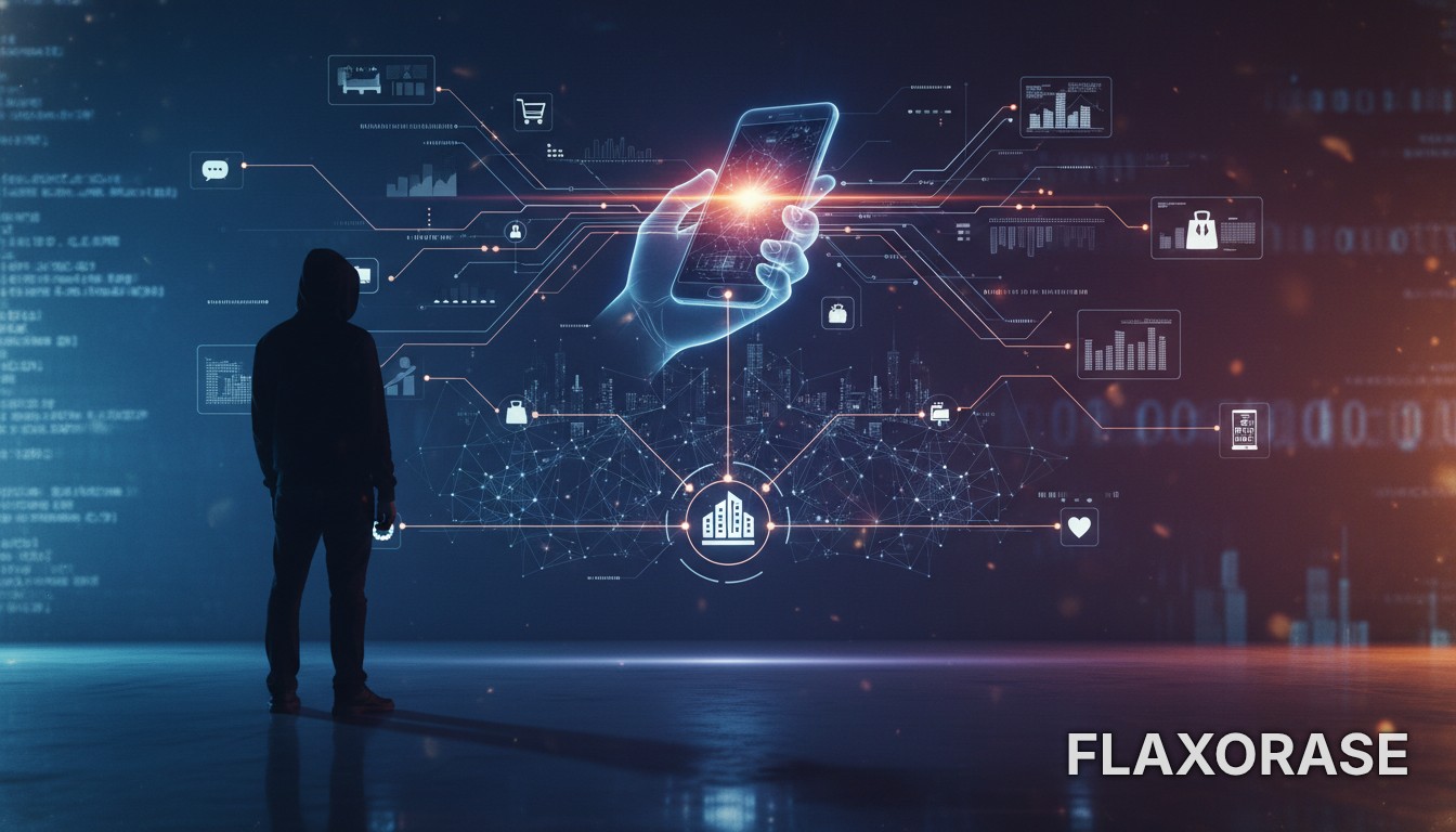 Pessoa utilizando smartphone com interface de ícones de dados flutuantes representando a coleta de informações por aplicativos em tempo real.