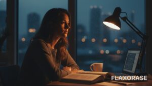 Estudante cansado revisando anotações sob luz de luminária após jornada de trabalho integral