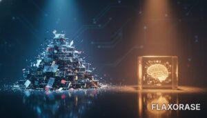 Infográfico digital comparando a transformação de dados brutos em informação organizada em uma tela de computador.