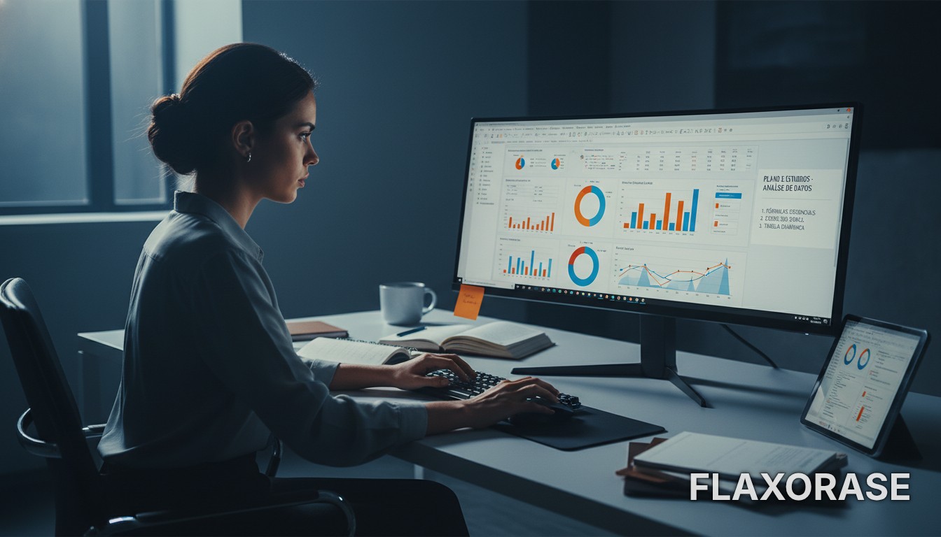 Estudante de análise de dados aplicando fórmulas essenciais e tabelas dinâmicas no Microsoft Excel em um notebook