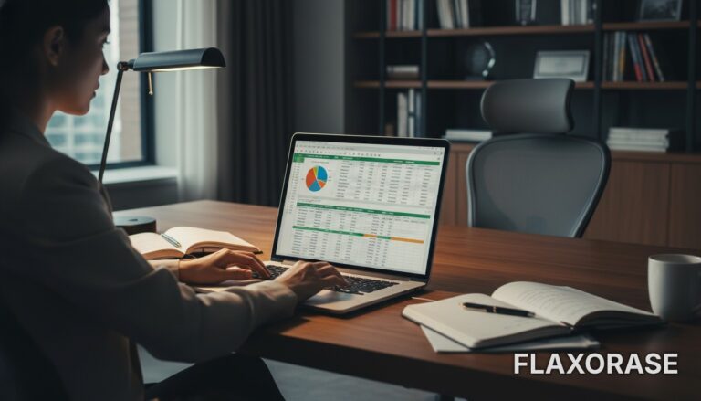 Profissional concentrado utilizando notebook para realizar análise de dados em uma planilha de Excel com tabelas dinâmicas e fórmulas avançadas.