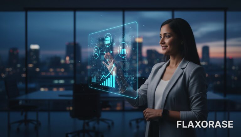 Profissional de tecnologia otimizando perfil do LinkedIn em um laptop com gráficos de análise de dados ao fundo