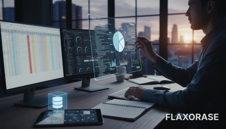 Estudante visualizando um dashboard interativo no Power BI e linhas de código Python em um monitor para análise de dados.