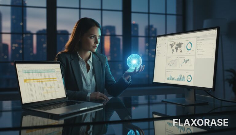 Analista de dados visualizando a transição de planilhas do Excel para dashboards dinâmicos no Power BI em uma tela de computador