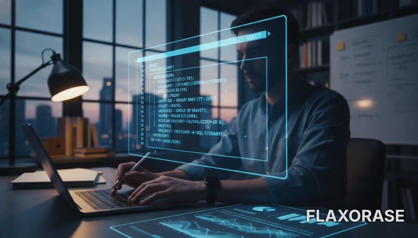 Analista de dados utilizando um computador para escrever consultas SQL destacando as cláusulas essenciais em um monitor de alta resolução